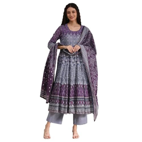 Biba Women Lilac Cotton Anarkali Printed Kurta Set_40 - Image 1