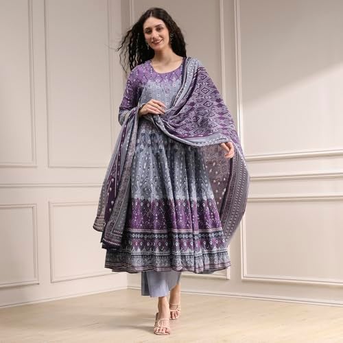 Biba Women Lilac Cotton Anarkali Printed Kurta Set_40 - Image 2