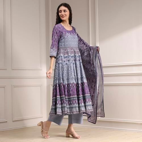 Biba Women Lilac Cotton Anarkali Printed Kurta Set_40 - Image 4