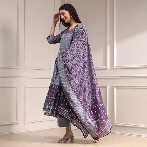 Biba Women Lilac Cotton Anarkali Printed Kurta Set_40 - Image 3