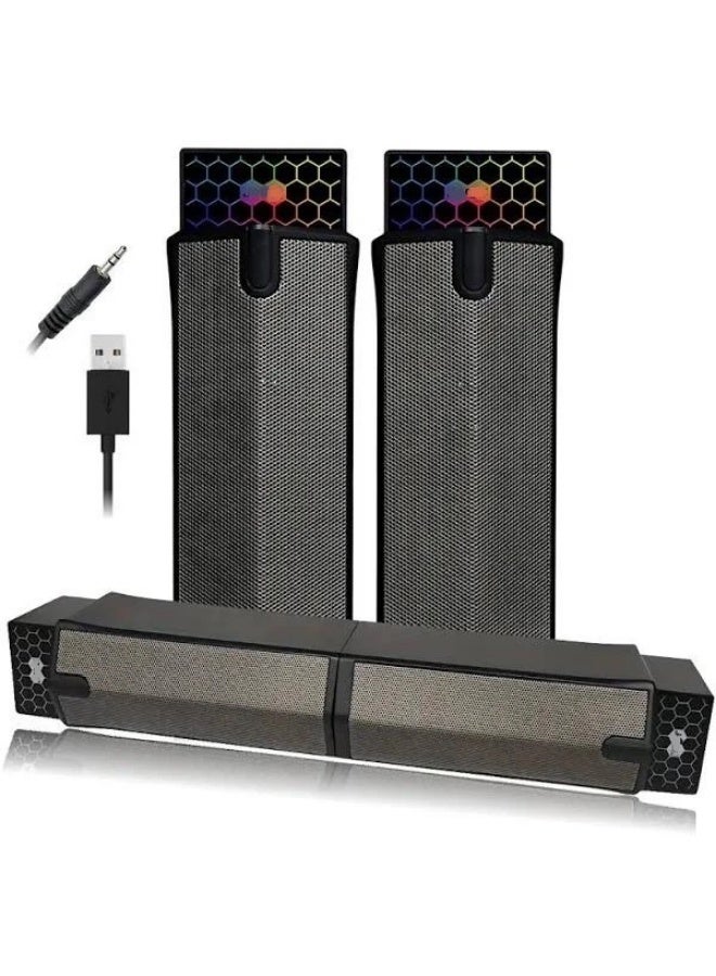 بوينت PT520 سماعة جيمنج ساوند-بار  - 6 واط (2 * 3W) 2.0 قناة ستيريو  – إضاءة متعددة – سلك USB للطاقة+ 3.5mm صوت- تصميم وضع متعدد  -للكمبيوتر و اللاب-توب و الهوم-ثياتير - Image 1