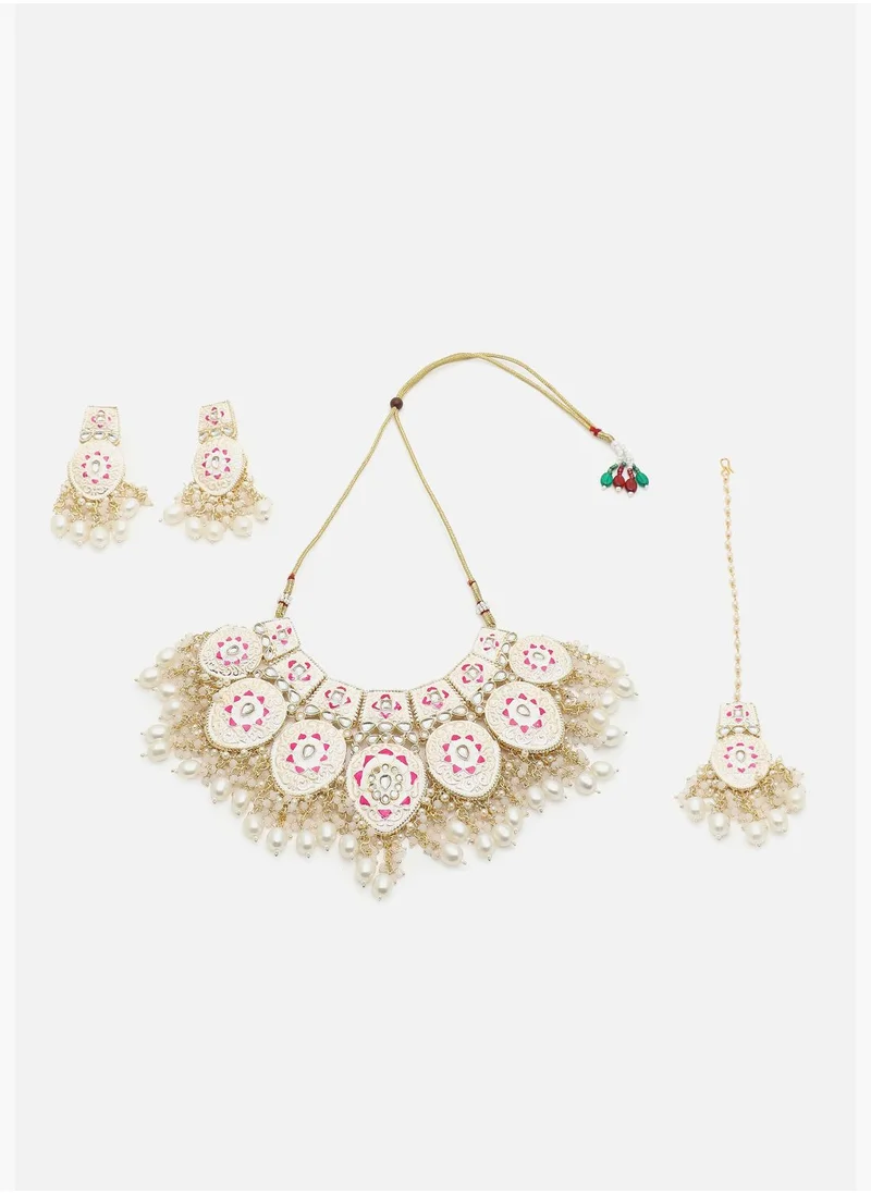 SOHI Gold Plated Meenakari Necklace, Earrings and Maang Tikka Set