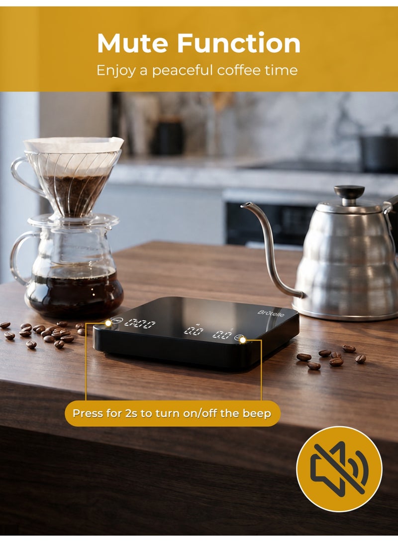 Brutelle Digital Coffee Scale Kitchen Scale 0.1g Accuracy Auto/Manual Timer Flow Rate Display Rechargeable Battery & Non-Slip Silicone Pad for  V60 Coffee Espresso Brewing Drip Pour-Over Scale Baking Kitchen - Image 5
