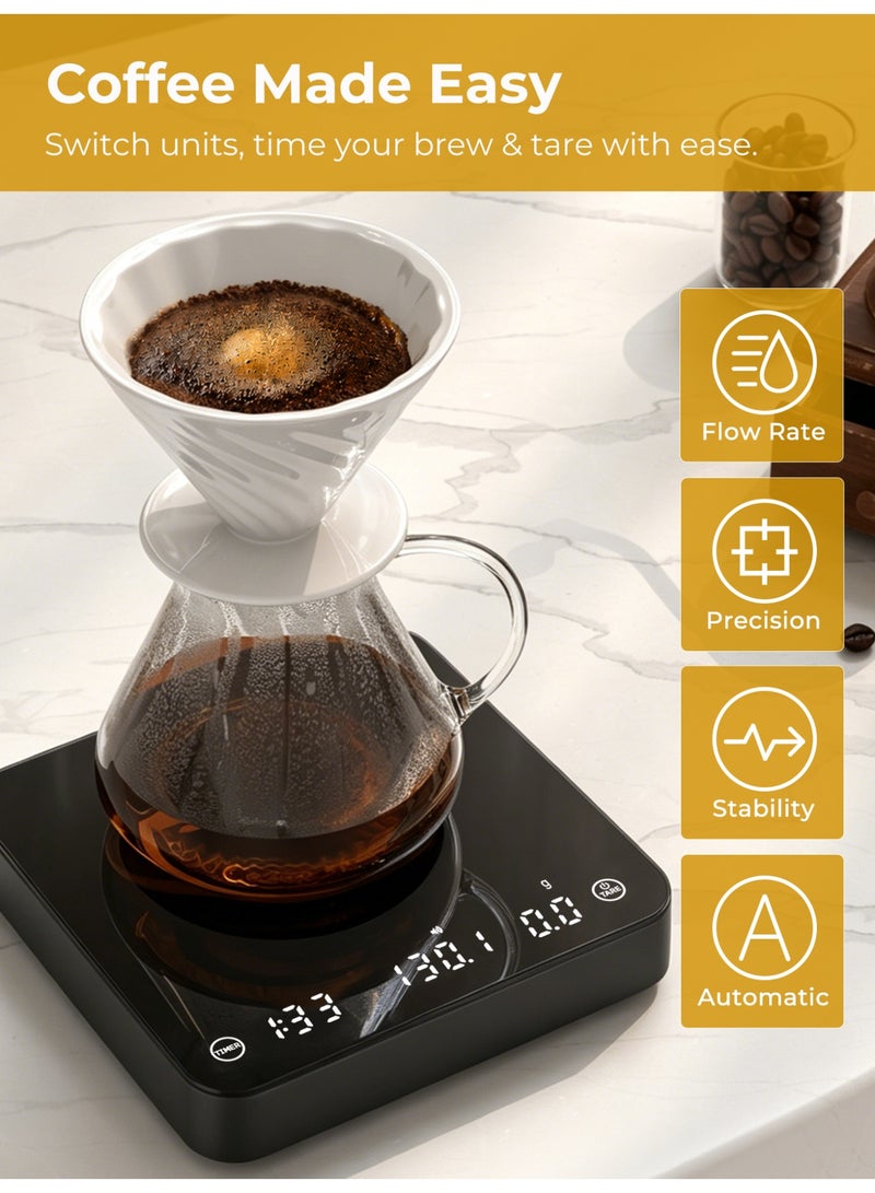 Brutelle Digital Coffee Scale Kitchen Scale 0.1g Accuracy Auto/Manual Timer Flow Rate Display Rechargeable Battery & Non-Slip Silicone Pad for  V60 Coffee Espresso Brewing Drip Pour-Over Scale Baking Kitchen - Image 2
