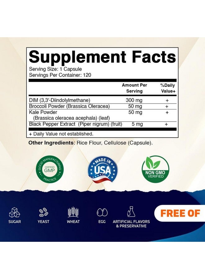 Vitamatic DIM Supplement Complex for Women & Men - 300mg - 120 Veg Capsules - Made with Black Pepper, Broccoli Powder & Kale Powder - Non-GMO & Gluten Free - Supports Hormonal Balance - Image 2