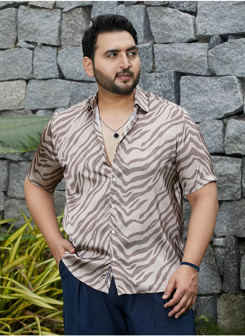 انستافاب بلس Instafab Plus Men's Ash Brown Zebra Satin Shirt For Casual Wear | Cuban Collar | Short Regular Sleeves | Button Closure | Plus Size Shirt Crafted With Comfort Fit For Everyday Wear