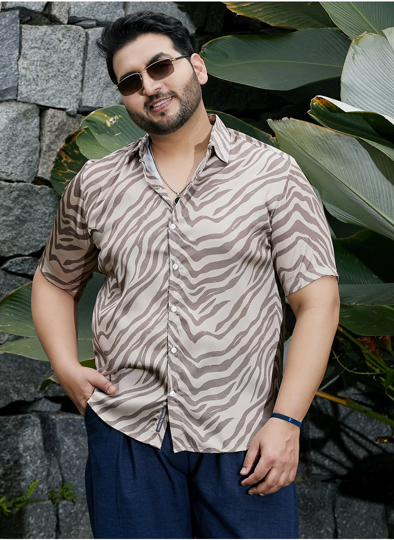 انستافاب بلس Instafab Plus Men's Ash Brown Zebra Satin Shirt For Casual Wear | Cuban Collar | Short Regular Sleeves | Button Closure | Plus Size Shirt Crafted With Comfort Fit For Everyday Wear