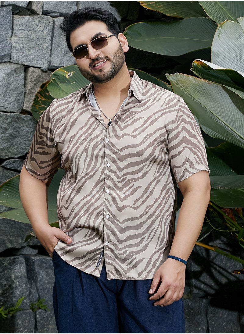 Instafab Plus Instafab Plus Men's Ash Brown Zebra Satin Shirt For Casual Wear | Cuban Collar | Short Regular Sleeves | Button Closure | Plus Size Shirt Crafted With Comfort Fit For Everyday Wear  - Image 1