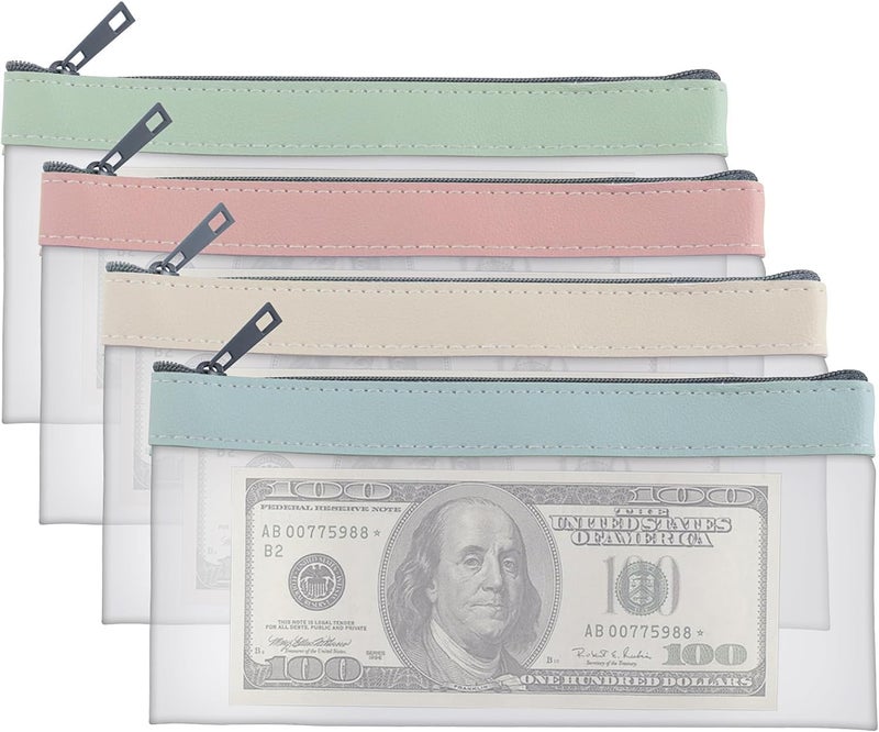 Odluzy 4 Pcs Money Bags with Zipper,7.6 x 3.7inch Money Pouch, Transparent Bank Deposit Bags, Clear Plastic Money Envelopes for Cash, Coins, Checks, Invoices Organizing, Money Wallet Pouch, 4 Light Colors - Image 1