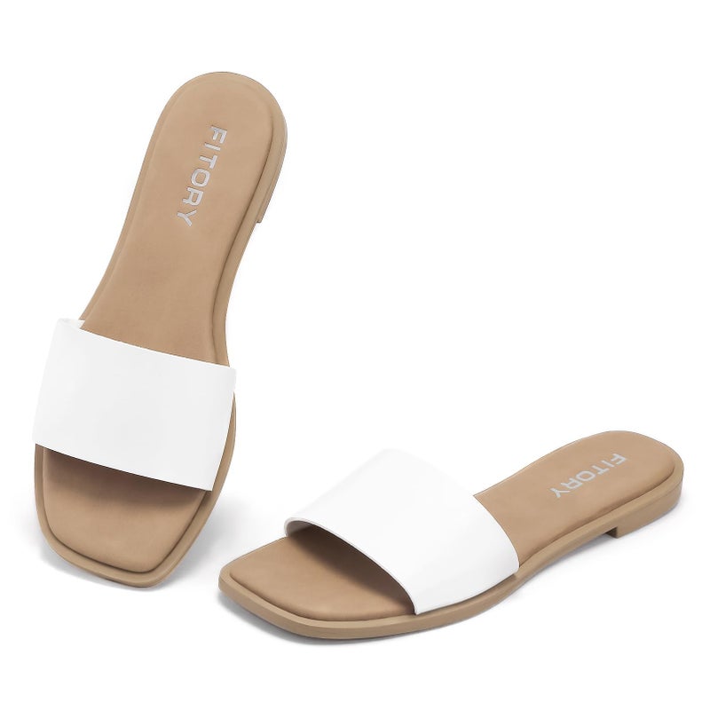 FITORY Women's Slide Sandals Fashion Square Open Toe with Cushioned Footbed Slippers for Beach Size 9 White - Image 1