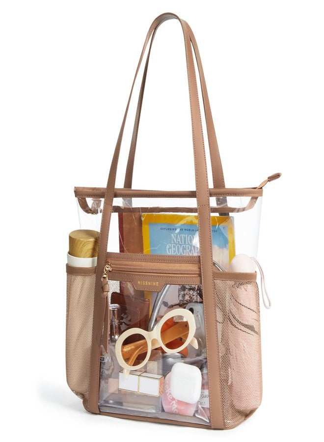 Missnine Clear Bag for Stadium Events Thick PVC Clear Tote Bag for Women with Side Mesh Pockets for Sports Concert Lunch Work Brown - Image 1