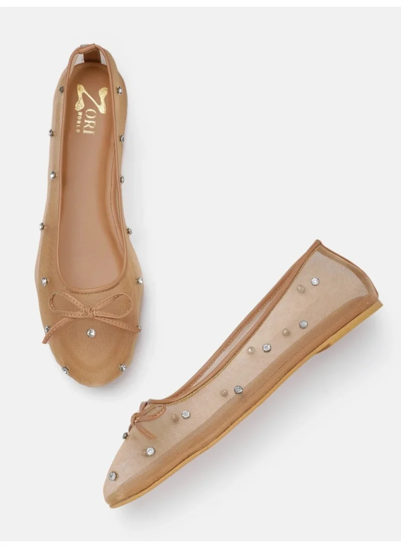 SERENE Beige Mesh Rhinestone Studded Ballerinas for Women with Bow Accent - Lightweight Comfort Flats for Day to Night Looks