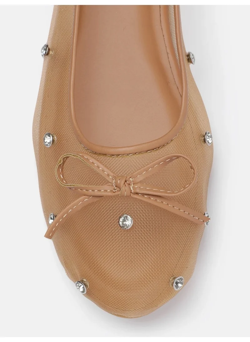 زوري وورلد حذاء باليرينا نسائي بيج شبكي مرصع بالكريستال بفيونكة مريحة للمناسبات النهارية والمسائية