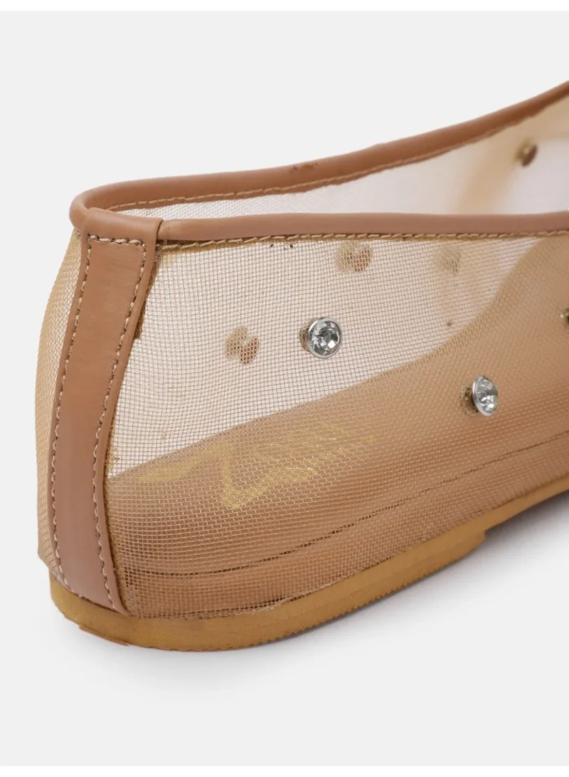 ZORIWORLD  SERENE Beige Mesh Rhinestone Studded Ballerinas for Women with Bow Accent - Lightweight Comfort Flats for Day to Night Looks for Women | Best Price UAE