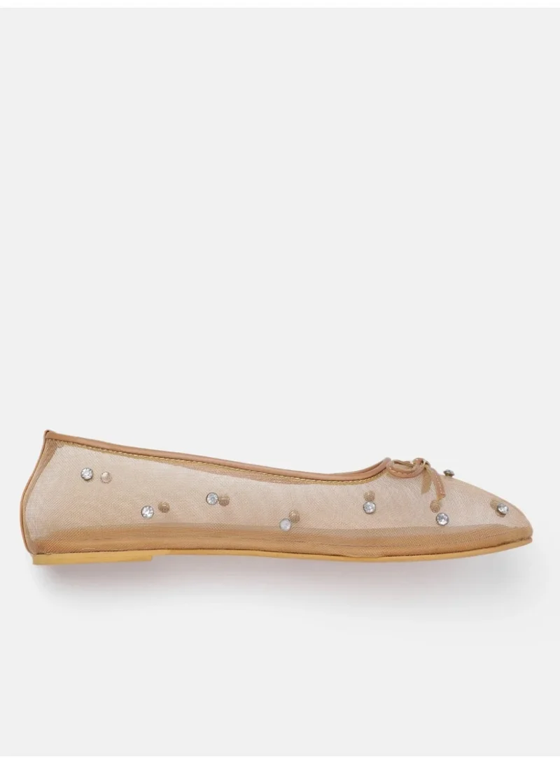 ZORIWORLD  SERENE Beige Mesh Rhinestone Studded Ballerinas for Women with Bow Accent - Lightweight Comfort Flats for Day to Night Looks for Women | Best Price UAE