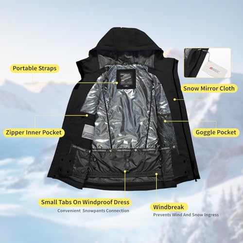HIGH EXPERIENCE Ski Jacket Snowboard Coat Snow Winter Waterproof Insulated Windproof Baggy Warm Hooded Jacket for Men Women (US, Alpha, Medium, Regular, Regular, Black) - Image 5