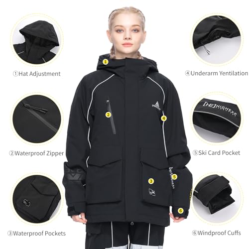 HIGH EXPERIENCE Ski Jacket Snowboard Coat Snow Winter Waterproof Insulated Windproof Baggy Warm Hooded Jacket for Men Women (US, Alpha, Medium, Regular, Regular, Black) - Image 4