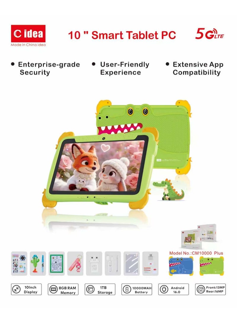 C idea CM10000 Plus Tablet for Kids Android Tablet for Toddler, Children Tablet with Stand WiFi 5G Dual Sim Network 8 RAM 1TB ROM 10" HD Screen for Boys and Girls Gift Green - Image 3