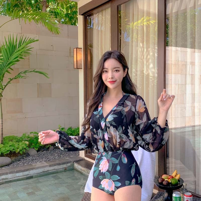 Factory direct couple suit swimsuit sexy one-piece cute girl hot spring fairy fan small chest gathered swimsuit Women's blue