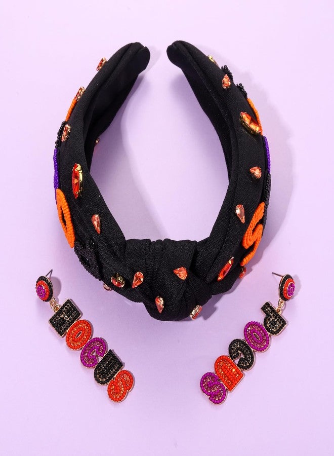 YAHPERN Halloween Headband for Women Boo HOCUS POCUS Knotted Headband Embellished Crystal Headbands Halloween Accessories (Style B) - Image 2