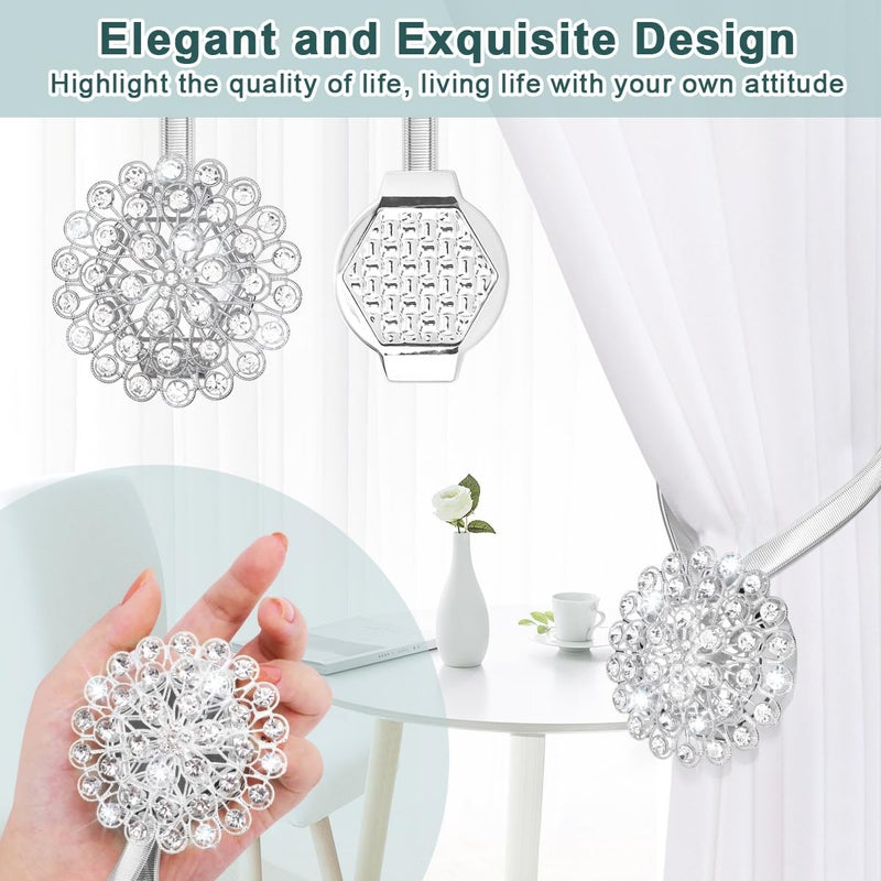 AULEEP Magnetic Curtain Tiebacks, 4 Pack Magnetic Crystal Decorative Drapes Curtain Clips Buckle, Flower Curtain Tie Back, European and American Style (Silver) - Image 5