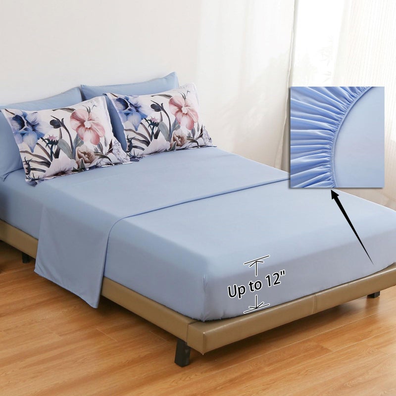 Luxudecor Floral Comforter Set Queen Size 7 Piece, Blue Flower Bed in a Bag, Elegant Floral Comforter with Sheet Set, Soft Microfiber Bedding Set for All Season (Blue, 90"x90") - Image 4