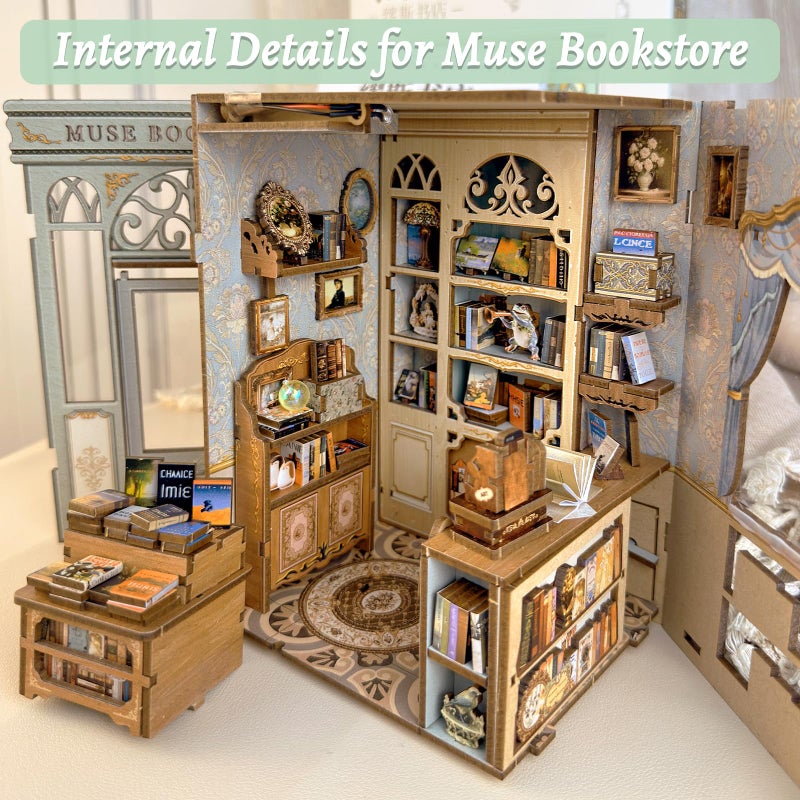 Fsolis Book Nook Kit - DIY Miniature House Kit 3D Puzzles for Adults Beginners Tiny House Mini Booknook Craft Bookshelf Decor, 281 Wooden Pieces, Gifts for Women Teenagers Book Lovers (Muse Bookstore) - Image 2