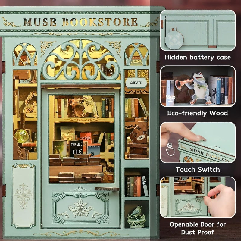 Fsolis Book Nook Kit - DIY Miniature House Kit 3D Puzzles for Adults Beginners Tiny House Mini Booknook Craft Bookshelf Decor, 281 Wooden Pieces, Gifts for Women Teenagers Book Lovers (Muse Bookstore) - Image 4