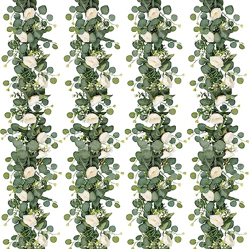 TOCHGREEN 4 Pack Artificial Eucalyptus Flower Garland with White Roses, Fake Rose Flower Greenery Garland Floral Vines for Wedding Home Party Table Runner Decor (4PCS, White) - Image 1