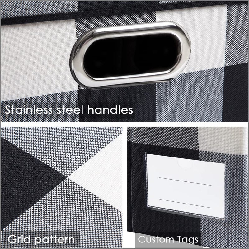 PRANDOM Collapsible Storage Bin with Lid [3-Pack] Fabric Foldable Storage Box Organizer Container Basket Cube with Cover for Home Bedroom Closet Office Nursery Black and White Grid(14.9x9.8x9.8) - Image 5