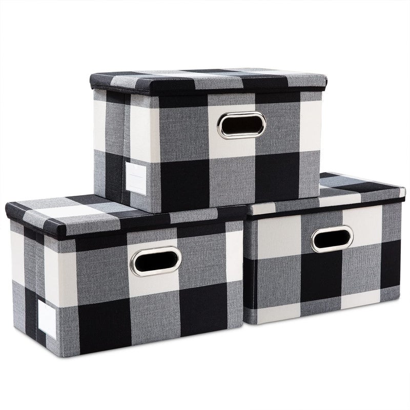 PRANDOM Collapsible Storage Bin with Lid [3-Pack] Fabric Foldable Storage Box Organizer Container Basket Cube with Cover for Home Bedroom Closet Office Nursery Black and White Grid(14.9x9.8x9.8) - Image 1