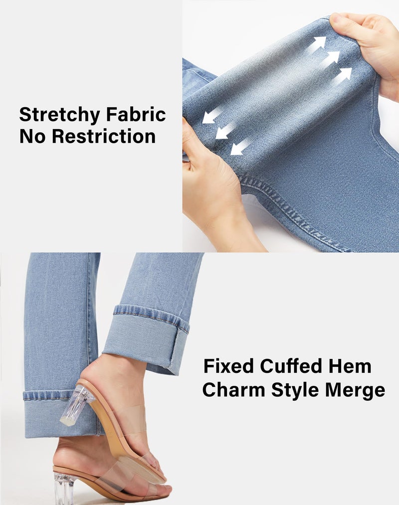 roswear Womenâ€™s Straight Leg Jeans High Waisted Boyfriend Stretchy Cuffed Denim Pants Light Blue Small - Image 5