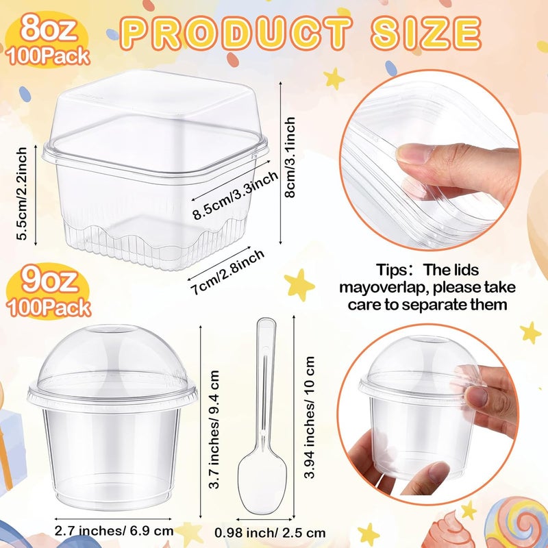 Jingmore 400 Pcs Plastic Dessert Cups with Lids and Spoons 8 oz 9 oz Clear Dessert Parfait Appetizer Cups Square Disposable Party Serving for Yogurt Puddings Fruits Ice Creams Cakes - Image 2