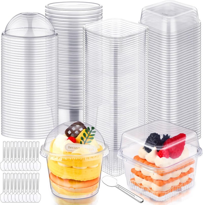 Jingmore 400 Pcs Plastic Dessert Cups with Lids and Spoons 8 oz 9 oz Clear Dessert Parfait Appetizer Cups Square Disposable Party Serving for Yogurt Puddings Fruits Ice Creams Cakes - Image 1