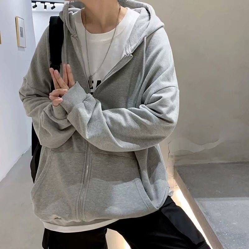 Grey Zipper Sweatshirt Men'S All-Match Lazy Sports Basketball Jacket Hooded Autumn Thin Student Loose Large Size - Image 3