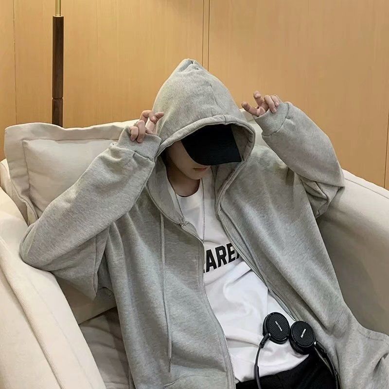 Grey Zipper Sweatshirt Men'S All-Match Lazy Sports Basketball Jacket Hooded Autumn Thin Student Loose Large Size - Image 2