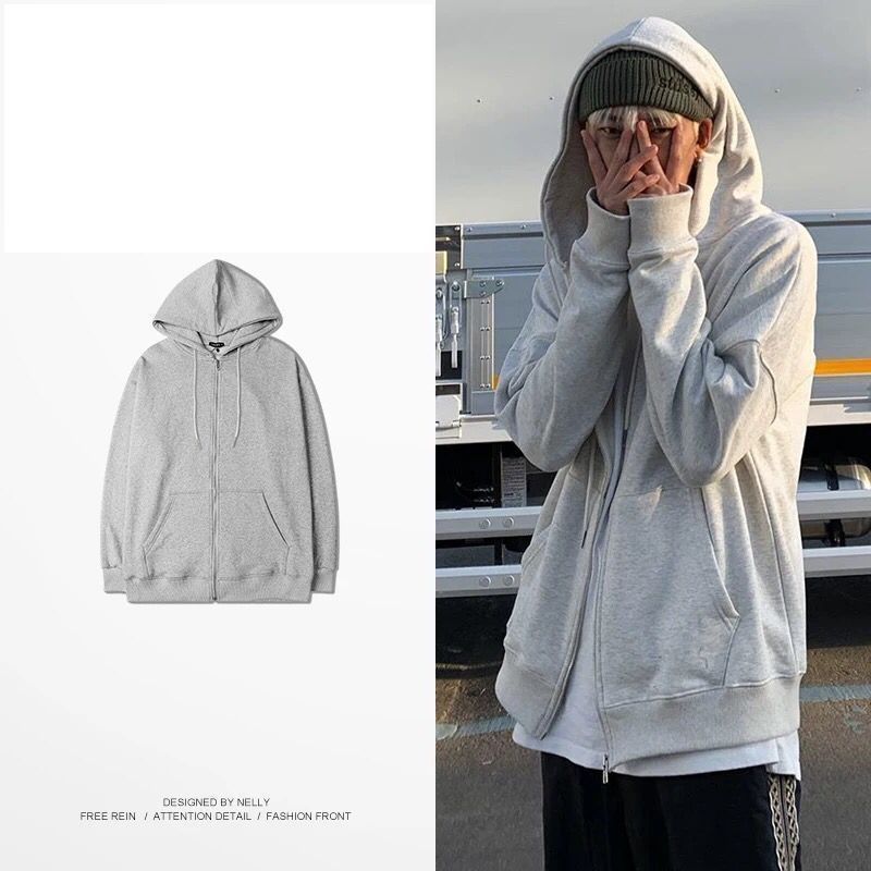 Grey Zipper Sweatshirt Men'S All-Match Lazy Sports Basketball Jacket Hooded Autumn Thin Student Loose Large Size - Image 5