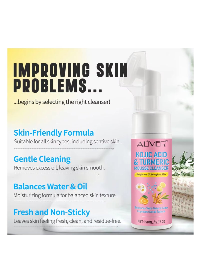 ALIVER 150 مل من موس التنظيف بحمض الكوجيك والكركم رغوة التنظيف بحمض الكوجيك والكركم تقلل من البقع الداكنة تساعد على توازن زيت البشرة والماء تتلاشى البقع تزيل الكيراتين الزائد تنظف الزيت تنقي المسام - Image 2