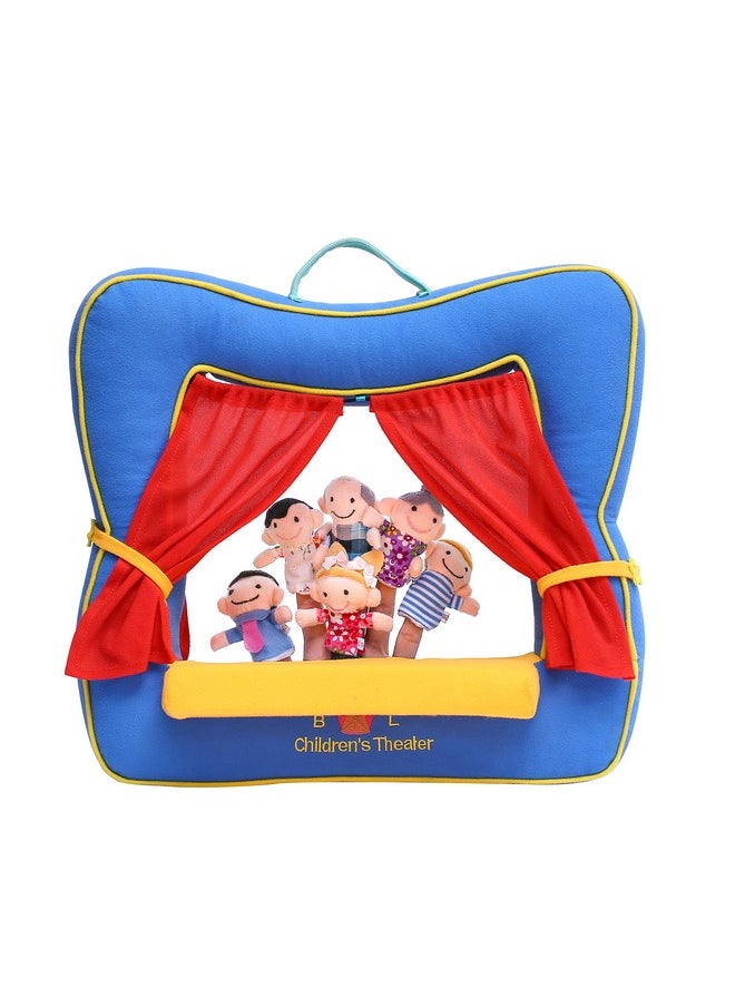 BETTERLINE Finger Puppet Theater Stage By Better Line - Set Includes 6 Finger Family Puppets - Portable Plush Finger Puppet Theater Is The Best Preschool Kids (Blue)  - Image 1