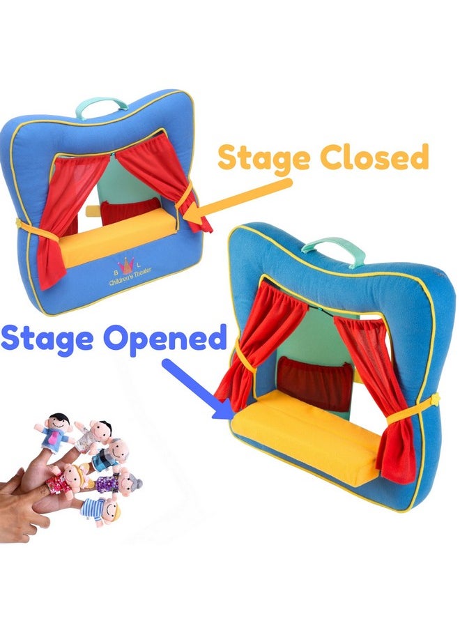 BETTERLINE Finger Puppet Theater Stage By Better Line - Set Includes 6 Finger Family Puppets - Portable Plush Finger Puppet Theater Is The Best Preschool Kids (Blue)  - Image 2