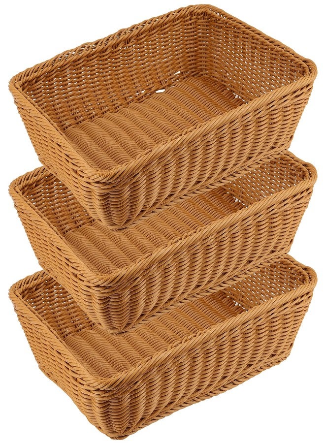 SHEUTSAN 3 Pack 15.7 x 11.8 Inch Poly Wicker Woven Bread Baskets, Rectangle Handmade Rattan Woven Pantry Organizer Storage Basket for Bread Vegetable Fruit Food, Brown - Image 1