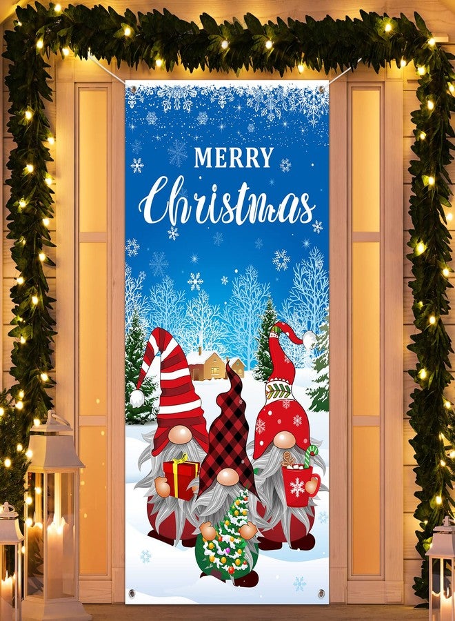 Tiamon Christmas Gnome Door Cover Merry Christmas Front Door Decoration Winter Dwarf Hanging Banner Gnome Background Photo Booth Prop for Holiday Indoor Outdoor Party Supplies 70.9 x 35.4 Inches (Blue) - Image 1