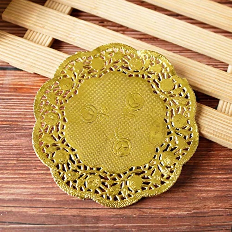 CHICIEVE Paper Doily 35 Inches Golden Round Paper Lace Doilies 100 Pcs Placemats Ideal for WeddingsTableware Decor