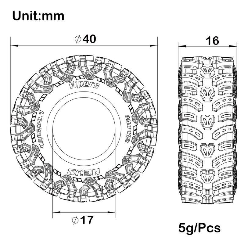 MEUS RACING 0.7 Tires - MS6 Vipers Crawler Tires for Axial SCX30 Redcat Ascent-32 1/30 1/32 RC Crawler, 40mm/16mm/R0.7 (#M0702) - Image 2
