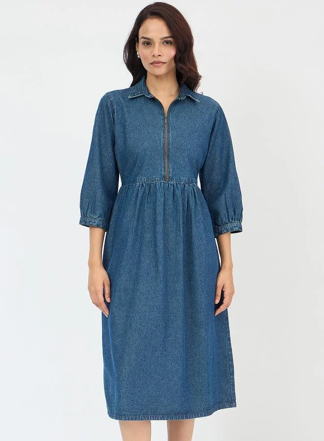 Femmella Navy Blue Front Zip Up Denim Midi Dress