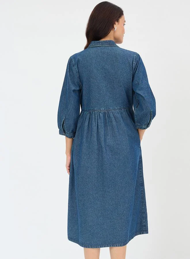 Femmella Navy Blue Front Zip Up Denim Midi Dress