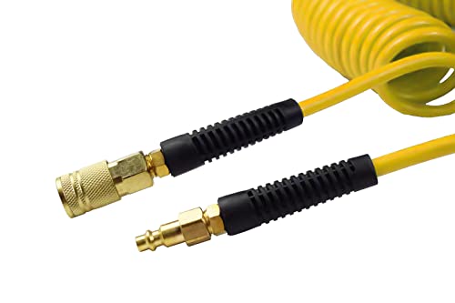 YOTOO Polyurethane Recoil Air Hose, Air Compressor Hose 1/4" Inner Diameter by 25' Long with Bend Restrictor, 1/4" Industrial Quick Coupler and Plug, Yellow - Image 2