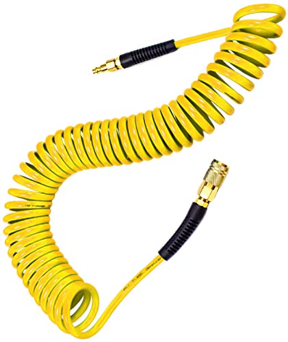 YOTOO Polyurethane Recoil Air Hose, Air Compressor Hose 1/4" Inner Diameter by 25' Long with Bend Restrictor, 1/4" Industrial Quick Coupler and Plug, Yellow - Image 1