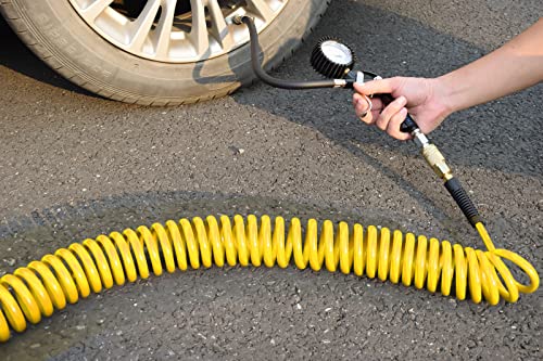 YOTOO Polyurethane Recoil Air Hose, Air Compressor Hose 1/4" Inner Diameter by 25' Long with Bend Restrictor, 1/4" Industrial Quick Coupler and Plug, Yellow - Image 5