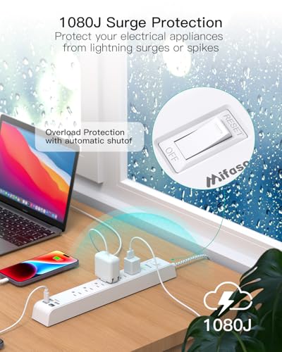 mifaso 2 Pack Power Strip, 12FT Long Extension Cord, Surge Protector with 6 Outlets and 4 USB Ports (2 USB C), Flat Plug Overload Protection, Extension Cord 10+ ft, Wall Mount for Home Office Dorm College - Image 5